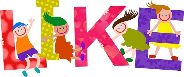 Dibujo de niños felices en las letras LIKE.